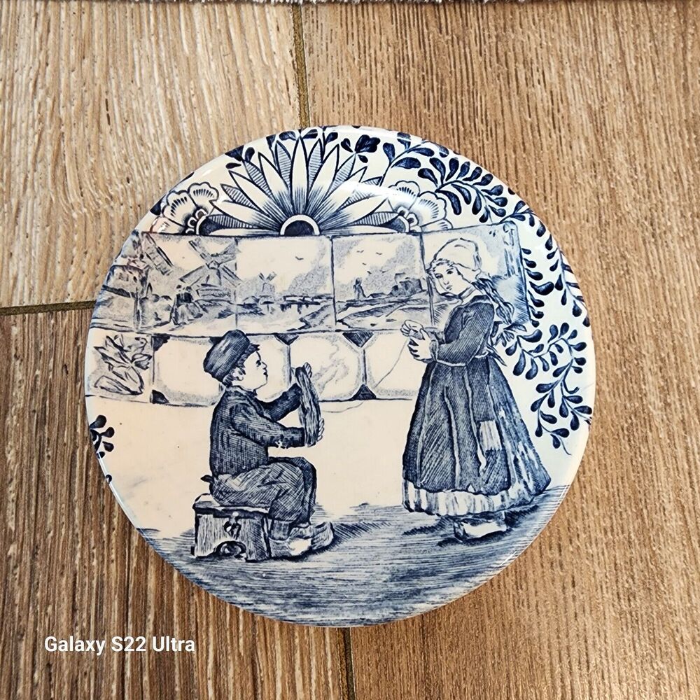 Vintage BOCH Royal Sphinx Delfts Small Round Plate Blue White Two Children 4.25"